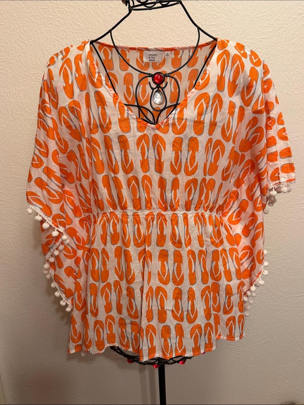 crown & ivy White and Orange Pom-Pom Waist Tunic